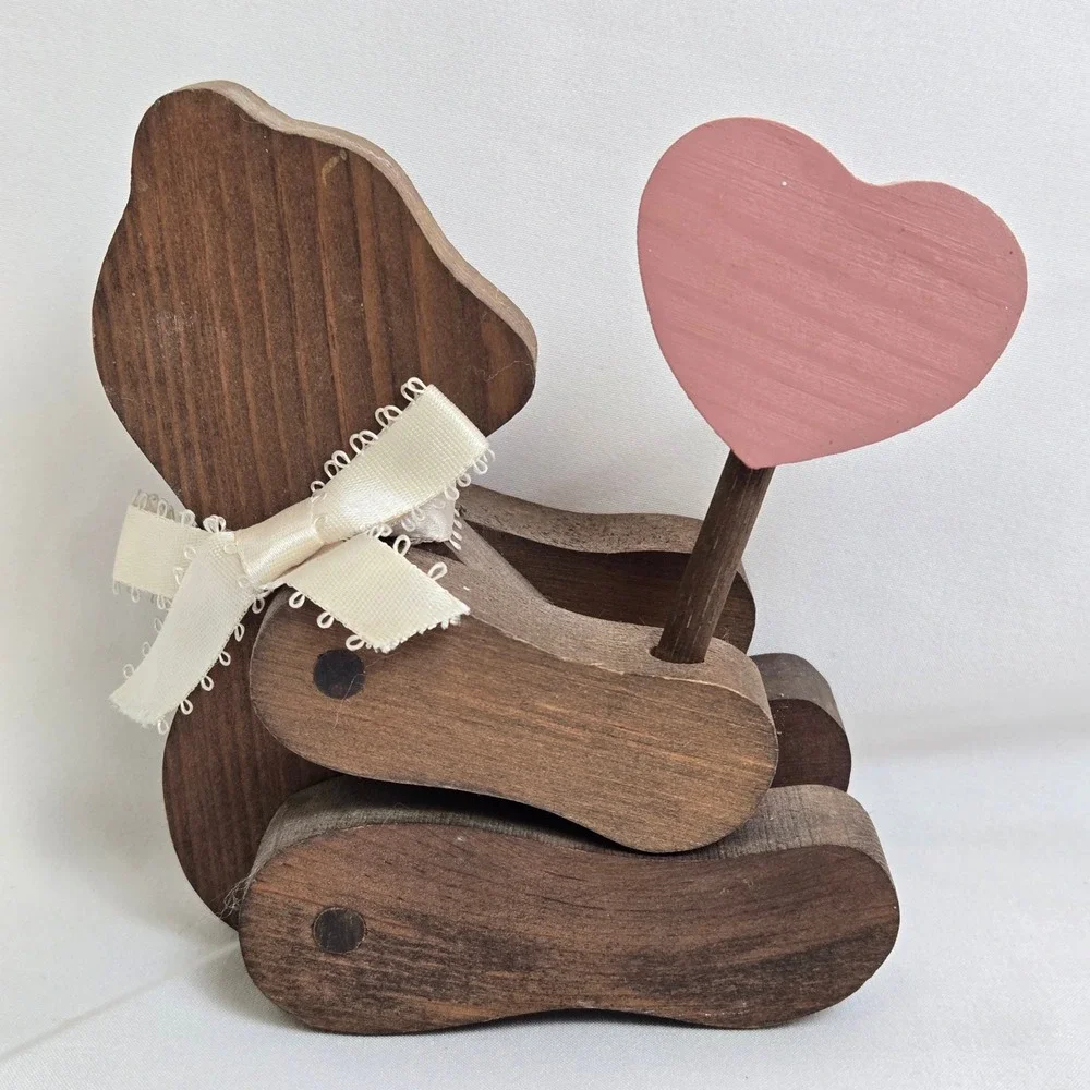 Wooden Jointed Bear Figure Bow Removeable Heart Piece Vintage Cottagecore
